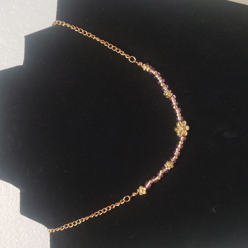 Gold flower and Purple Beaded Necklace